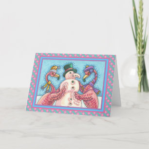 PINK FLAMINGOS MAKE SNOWMAN, FUNNY CHRISTMAS BIRDS HOLIDAY CARD