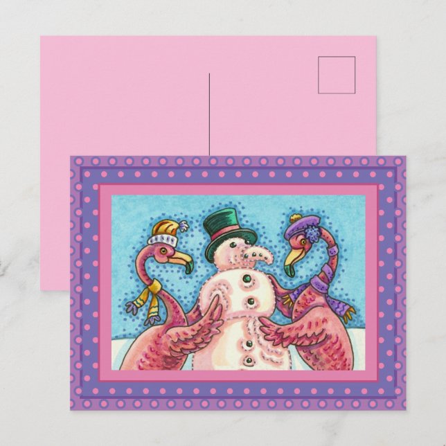 PINK FLAMINGOS MAKE SNOWMAN, FUNNY CHRISTMAS BIRDS HOLIDAY POSTCARD (Front/Back)