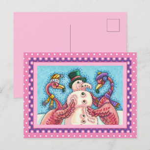 PINK FLAMINGOS MAKE SNOWMAN, FUNNY CHRISTMAS BIRDS HOLIDAY POSTCARD