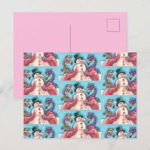 PINK FLAMINGOS MAKE SNOWMAN, FUNNY CHRISTMAS BIRDS HOLIDAY POSTCARD