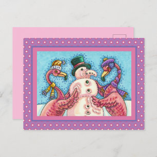 PINK FLAMINGOS MAKE SNOWMAN, FUNNY CHRISTMAS BIRDS HOLIDAY POSTCARD