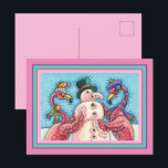PINK FLAMINGOS MAKE SNOWMAN, FUNNY CHRISTMAS BIRDS HOLIDAY POSTCARD<br><div class="desc">SILLY FLAMINGOS MAKING PINK SNOWMAN.  SURE TO PLEASE.  HOLIDAY POSTCARD *Customize ... .Look For Matching Items Susan Brack Designs</div>