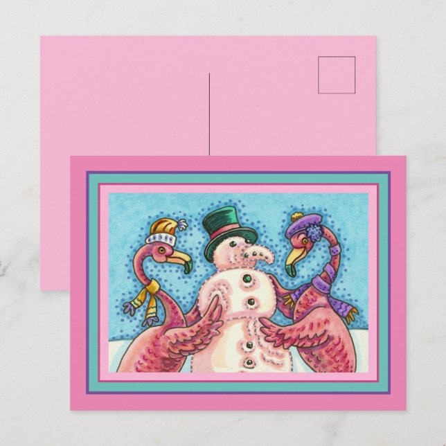 PINK FLAMINGOS MAKE SNOWMAN, FUNNY CHRISTMAS BIRDS HOLIDAY POSTCARD (Front/Back)