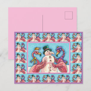 PINK FLAMINGOS MAKE SNOWMAN, FUNNY CHRISTMAS BIRDS HOLIDAY POSTCARD