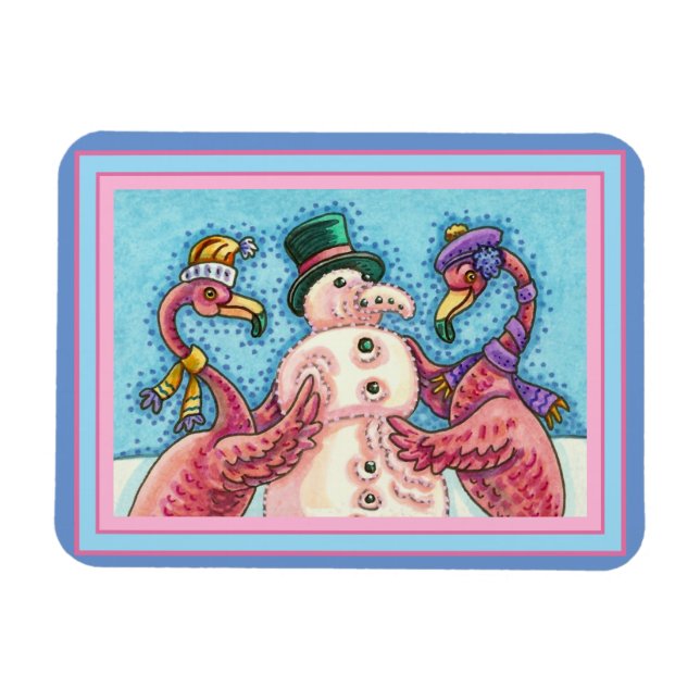 PINK FLAMINGOS MAKE SNOWMAN, FUNNY CHRISTMAS BIRDS MAGNET (Horizontal)