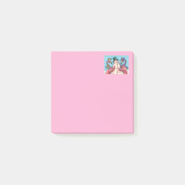 PINK FLAMINGOS MAKE SNOWMAN, FUNNY CHRISTMAS BIRDS POST-IT NOTES (Front)
