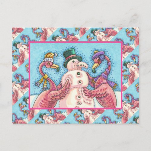 PINK FLAMINGOS MAKE SNOWMAN FUNNY CHRISTMAS BIRDS POSTCARD