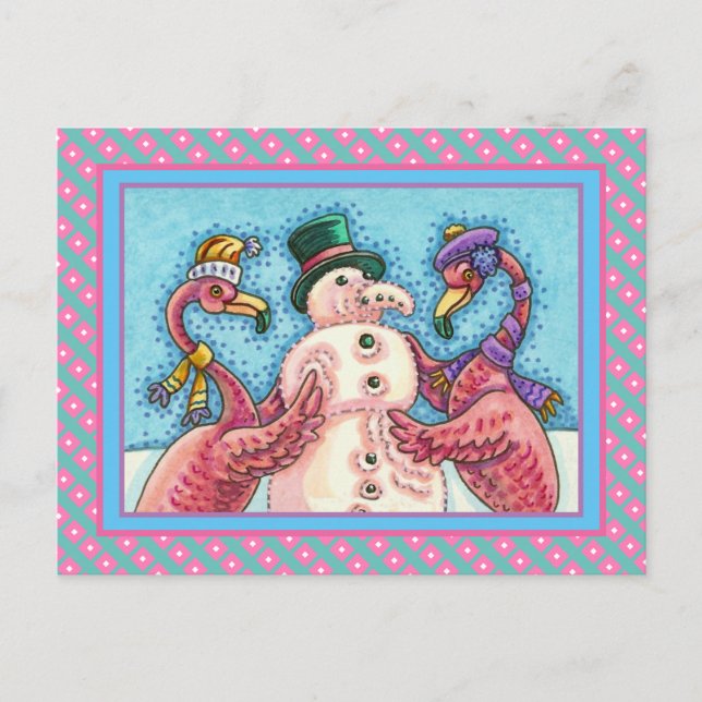 PINK FLAMINGOS MAKE SNOWMAN, FUNNY CHRISTMAS BIRDS POSTCARD (Front)