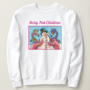 PINK FLAMINGOS MAKE SNOWMAN, FUNNY CHRISTMAS BIRDS SWEATSHIRT