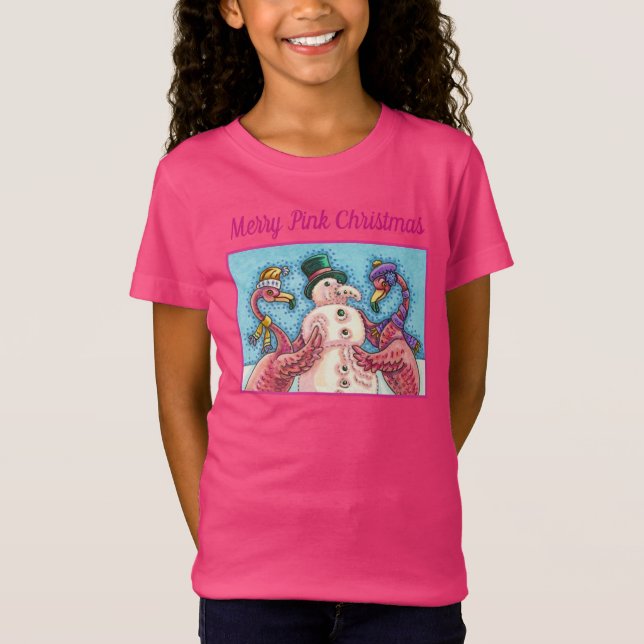 PINK FLAMINGOS MAKE SNOWMAN, FUNNY CHRISTMAS BIRDS T-Shirt (Front)