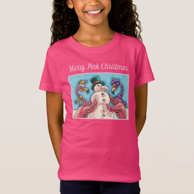 PINK FLAMINGOS MAKE SNOWMAN, FUNNY CHRISTMAS BIRDS T-Shirt (Front)