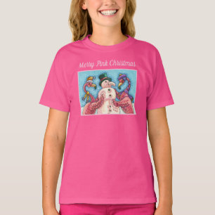 PINK FLAMINGOS MAKE SNOWMAN, FUNNY CHRISTMAS BIRDS T-Shirt