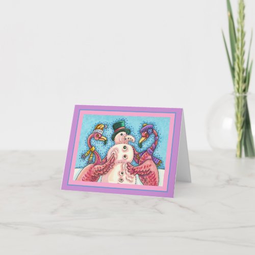 PINK FLAMINGOS MAKE SNOWMAN FUNNY CHRISTMAS Blank Card