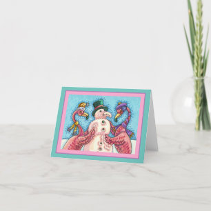 PINK FLAMINGOS MAKE SNOWMAN, FUNNY CHRISTMAS Blank Card