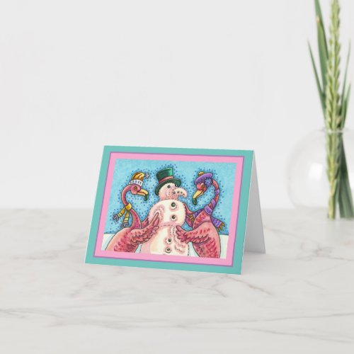 PINK FLAMINGOS MAKE SNOWMAN FUNNY CHRISTMAS Blank Card