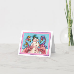 PINK FLAMINGOS MAKE SNOWMAN, FUNNY CHRISTMAS Blank Card