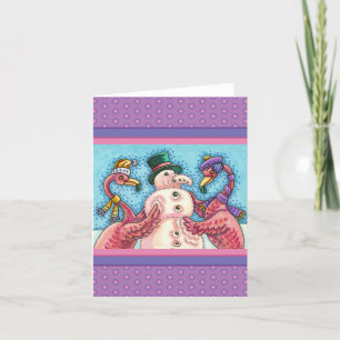 PINK FLAMINGOS MAKE SNOWMAN, FUNNY CHRISTMAS Blank Card