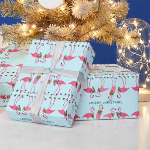 Pink Flamingos Merry Christmas Pattern Blue Wrapping Paper