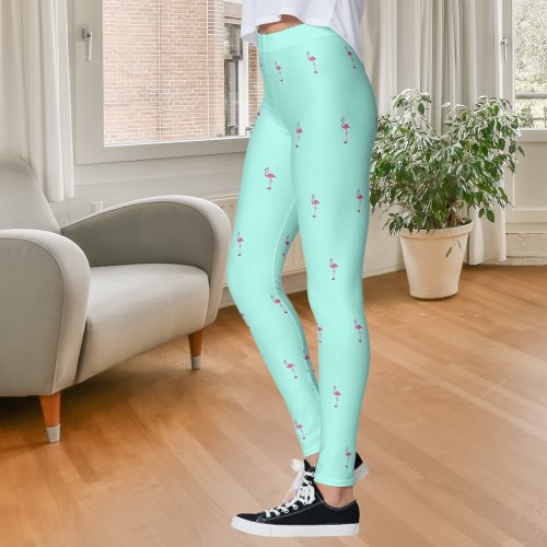 Pink flamingos mint green leggings