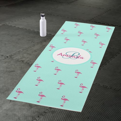 Pink flamingos mint green monogram name yoga mat