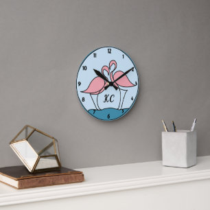Pink Flamingos Monogram Art, or Custom Photo Wall Round Clock