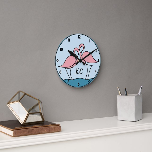 Pink Flamingos Monogram Art, or Custom Photo Wall Round Clock (Office)