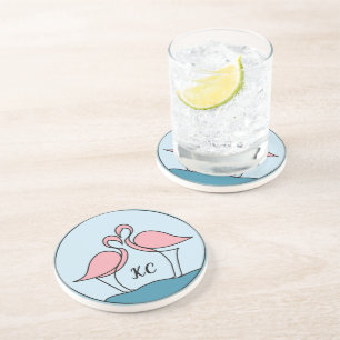 Pink Flamingos Monogram Art, or Photo Sandstone Coaster
