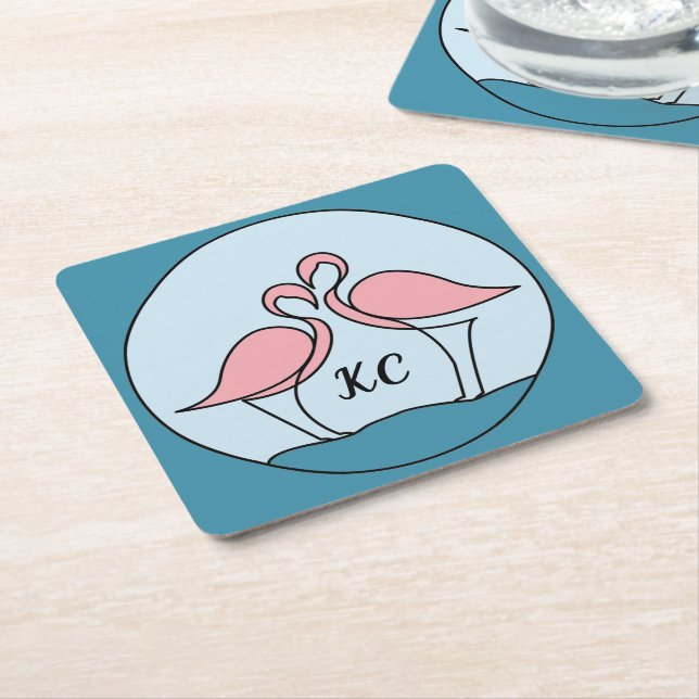 Pink Flamingos Monogram Art, or Photo Square Paper Coaster (Angled)