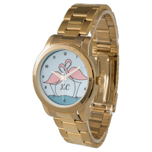 Pink Flamingos Monogram Oversized Gold Bracelet Watch