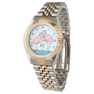 Pink Flamingos Monogram Unisex Two-Tone Bracelet Watch