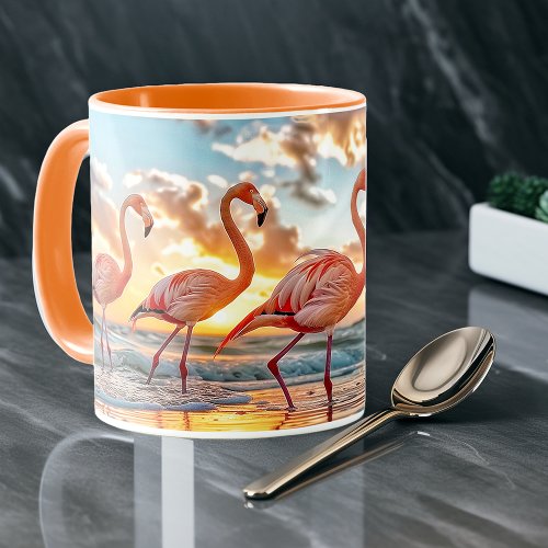 Pink Flamingos Ocean Beach Sunset Mug