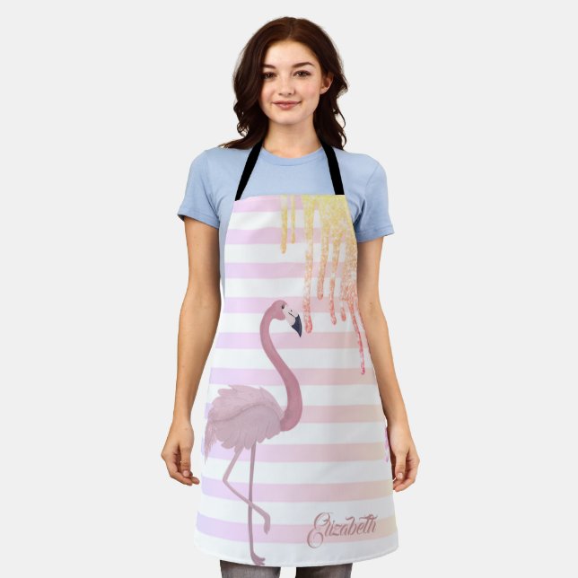 Pink Flamingos,Ombre Glitter Drips, Stripes Apron (Worn)