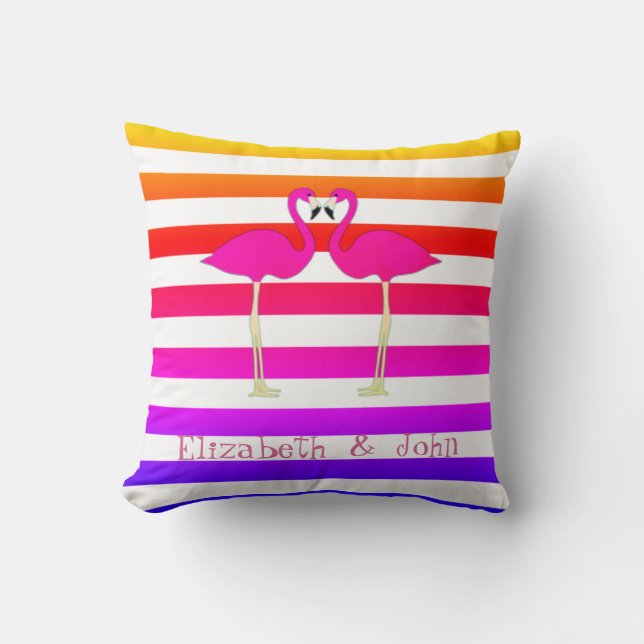 Pink Flamingos Ombre Stripes Personalized Throw Pillow (Front)