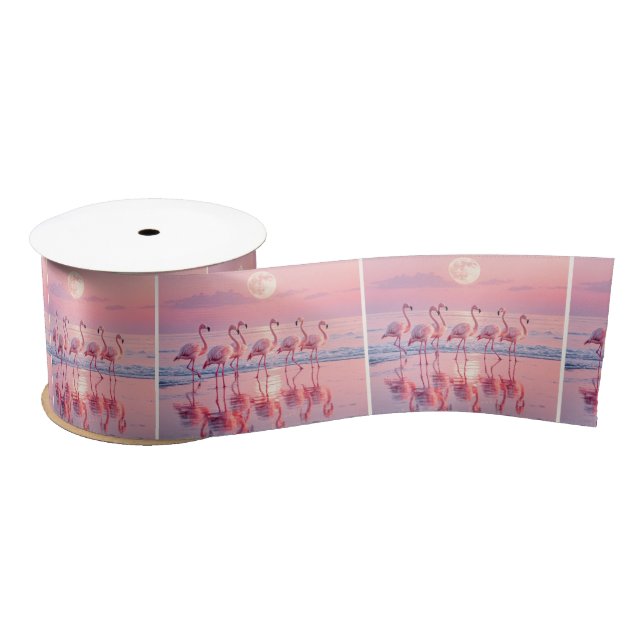 Pink Flamingos On a Pink Beach Satin Ribbon (Spool)