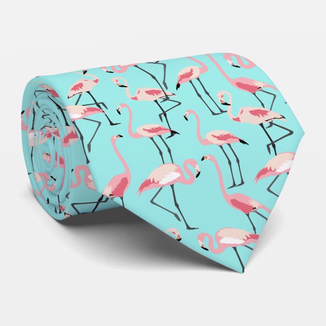 Pink Flamingos on Aqua Blue Neck Tie (Rolled)