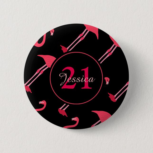 Pink Flamingos on Black 21st Birthday Custom Button (Front)