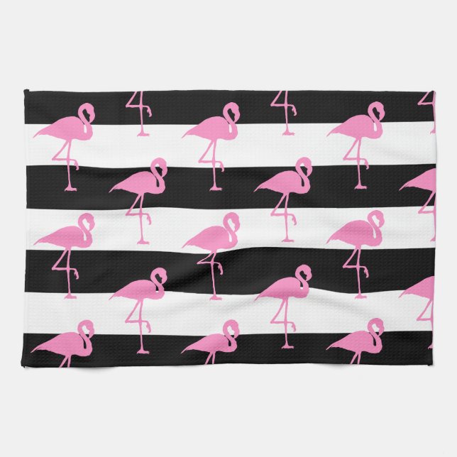 Pink Flamingos on Black and White Stripes Kitchen Towel (Horizontal)