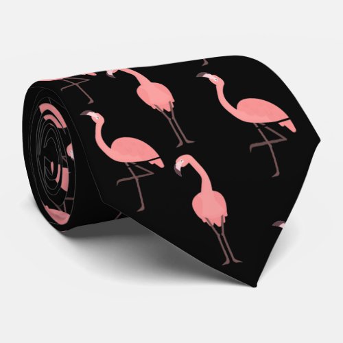 Pink Flamingos On Black Neck Tie