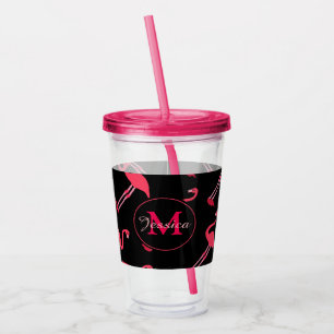 Pink Flamingos on Black Personalised Acrylic Tumbler