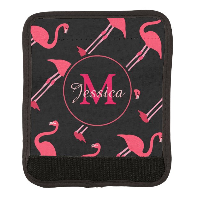 Pink Flamingos on Black Personalised Luggage Handle Wrap (Front)