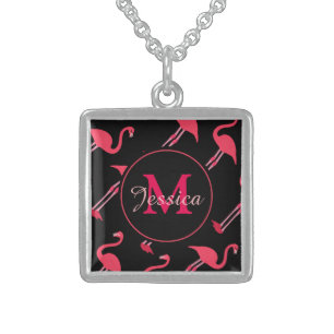 Pink Flamingos on Black Personalised Sterling Silver Necklace