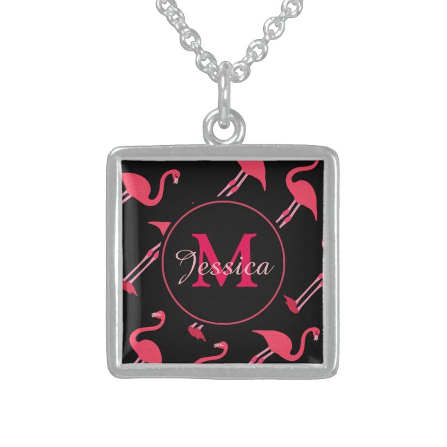 Pink Flamingos on Black Personalised Sterling Silver Necklace (Front)