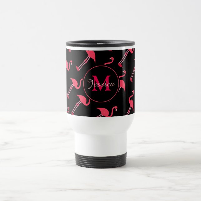 Pink Flamingos on Black Personalised Travel Mug (Center)