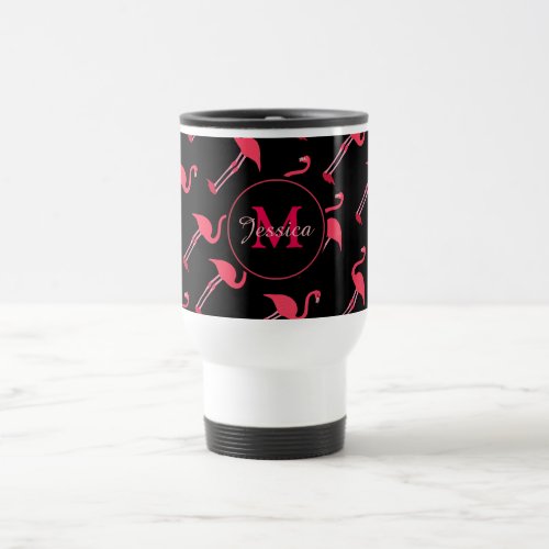 Pink Flamingos on Black Personalised Travel Mug