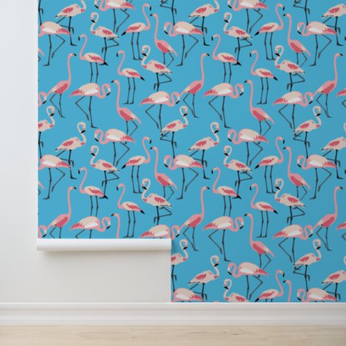 Pink Flamingos on Blue Colorful Wallpaper