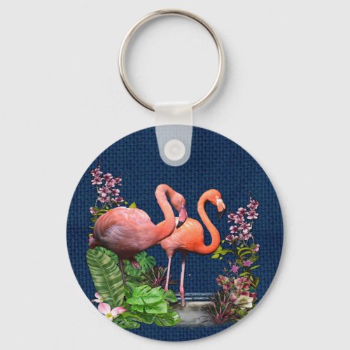 Pink Flamingos on Classic Blue Fabric Keychain