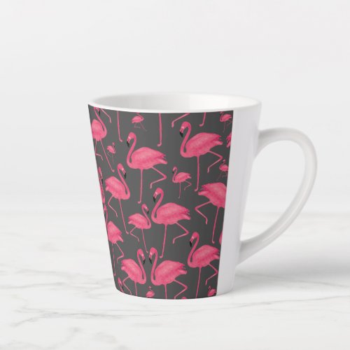Pink Flamingos On Dark Gray Background Latte Mug