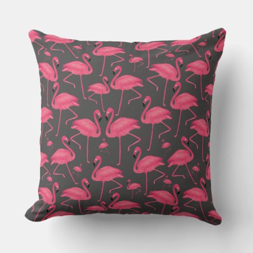 Pink Flamingos On Dark Gray Background Throw Pillow