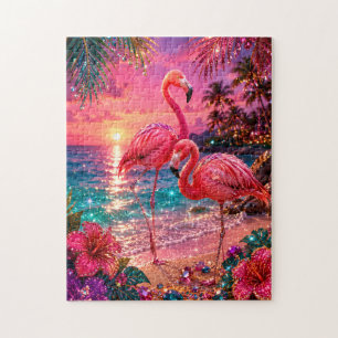 Pink Flamingos on Glam Jewel Toned Tropical Beach Jigsaw Puzzle