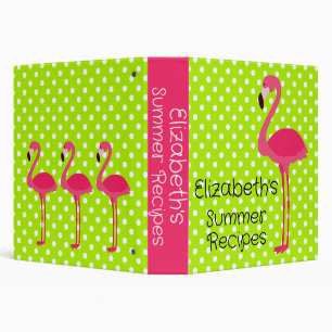 Pink Flamingos on Green and White Polka Dot Recipe 3 Ring Binder